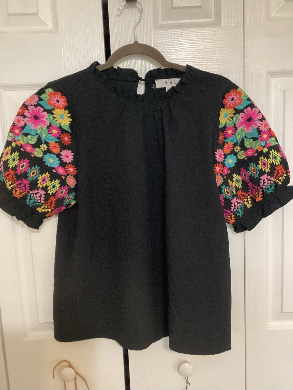 THML Black Blouse with Bright Embroidered Puff Sleeves